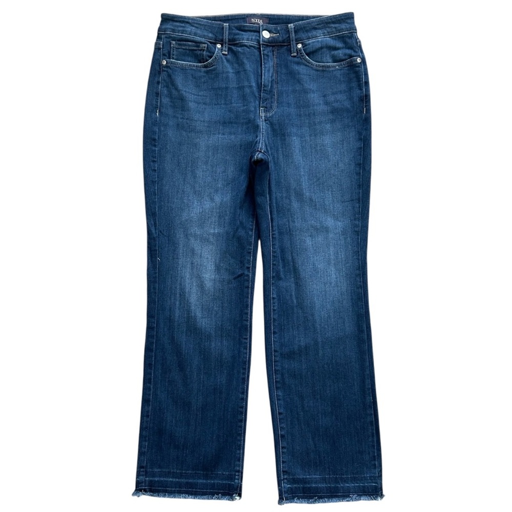 NYDJ Marilyn Straight Jeans Size 10 Lift Tuck Dark Wash Stretch Denim Raw Hem